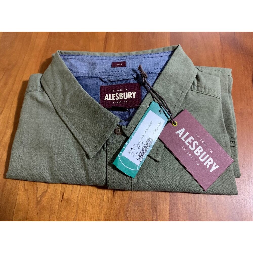 Alesbury Heron Lake Linen Blend Workshirt, Olive Colored Size 2XL Short Sleeve